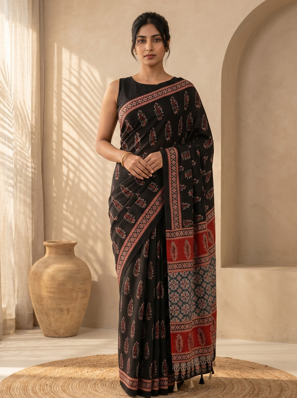 Bold Black Mul Cotton Saree
