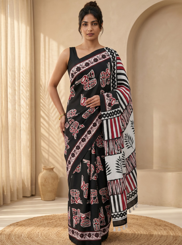 Bold Black Mul Cotton Saree
