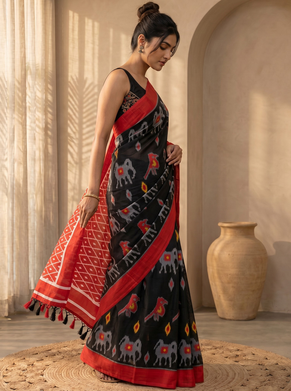 Bold Black Mul Cotton Saree