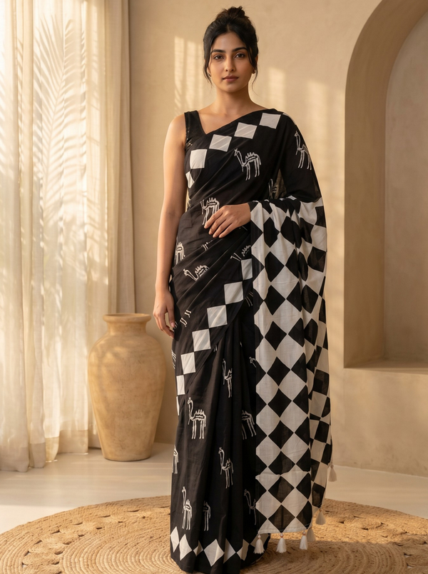 Bold Black Mul Cotton Saree