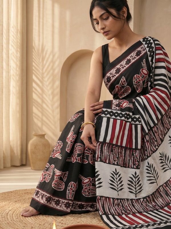 Bold Black Mul Cotton Saree