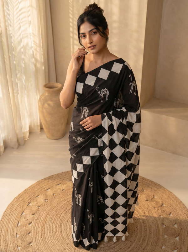 Bold Black Mul Cotton Saree