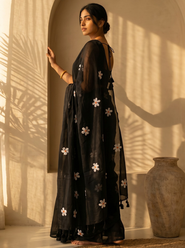 Bold Black Mul Cotton Saree